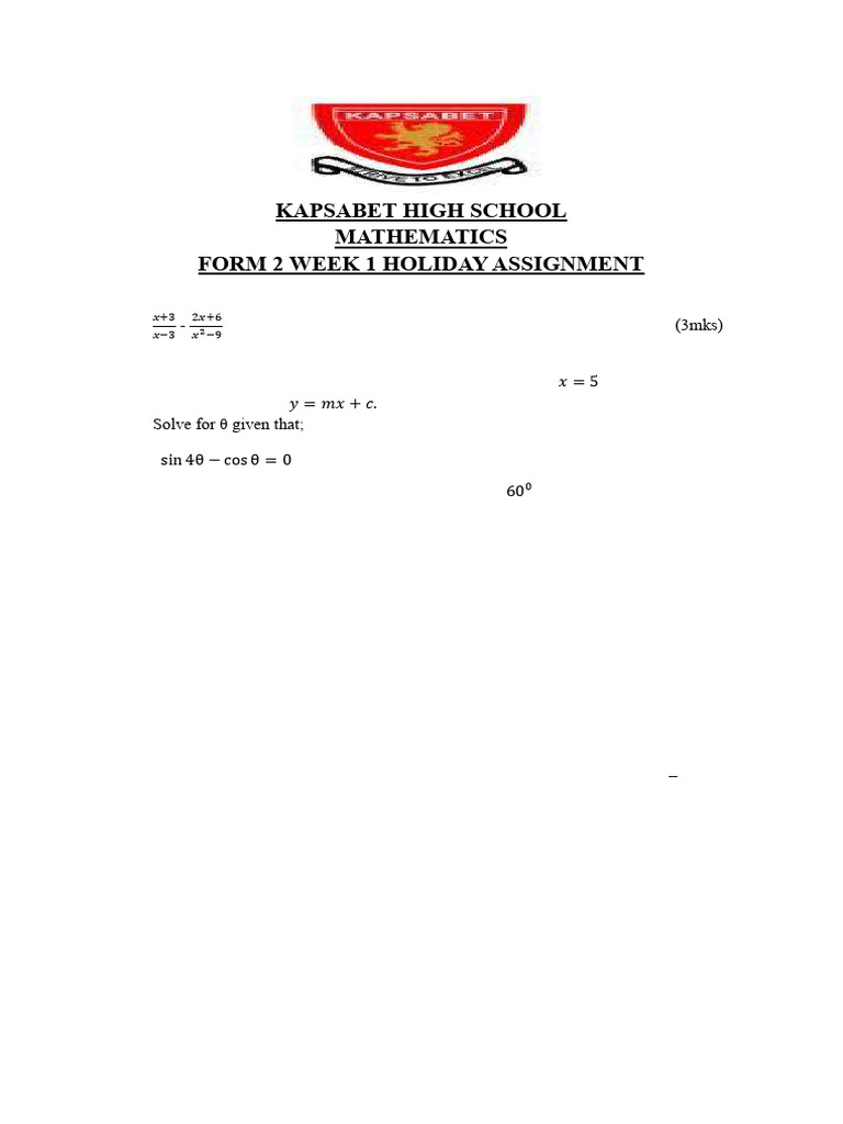 Kapsabet High School Form 2 Math Assignment | PDF | Circle | Volume