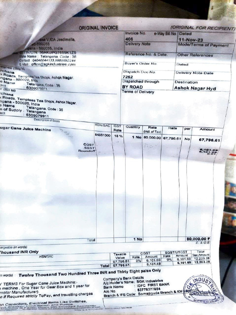 Invoice for Sugar Cane Juice Machine | PDF