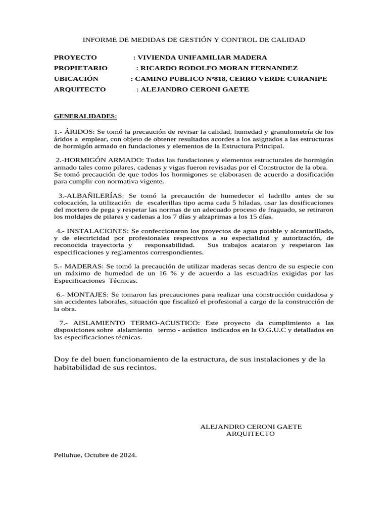 Informe de Gestion y Control de Calidad | PDF