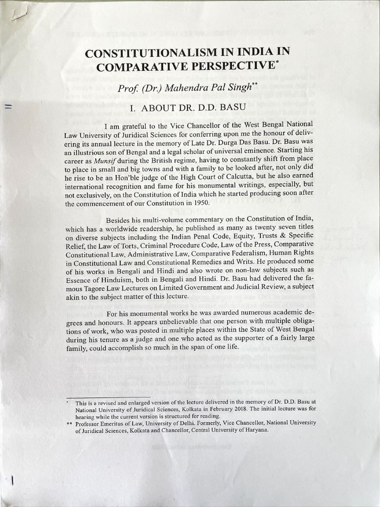 Constitutionalism in India in Comparative Perspective | PDF
