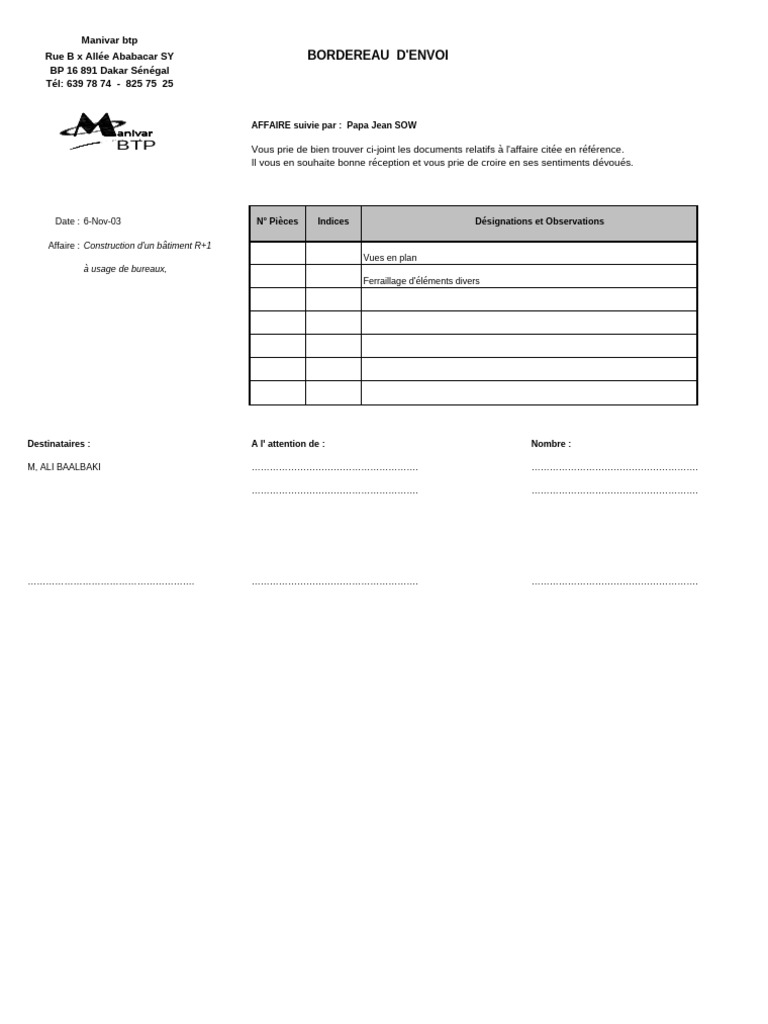 Bordereau d'envoi - Affaire BTP | PDF | Droit | Maison et jardin