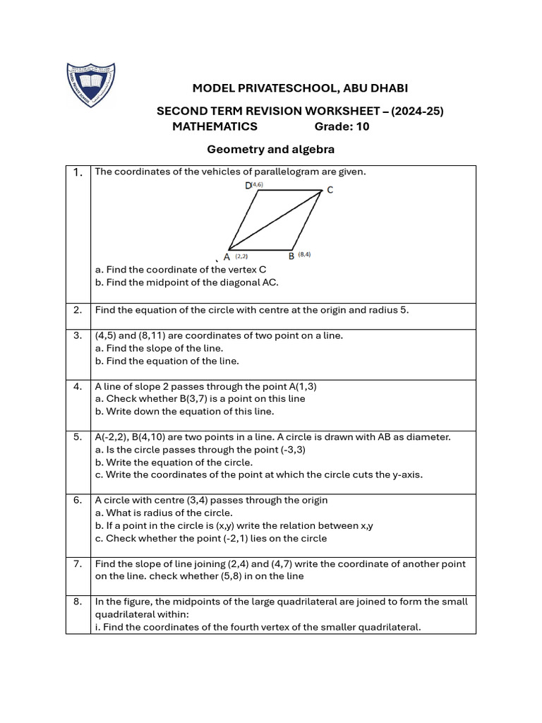Grade 10 Math: Geometry & Algebra Worksheet | PDF