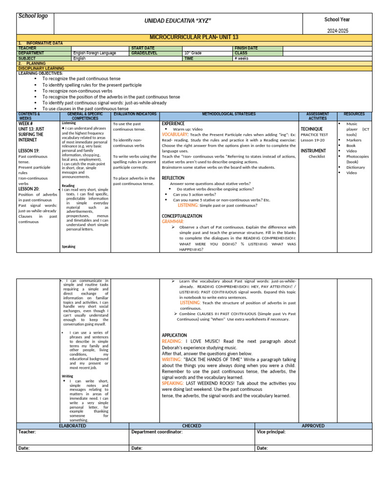 10th Grade English Microcurricular Plan | PDF | Verb | Grammatical Tense