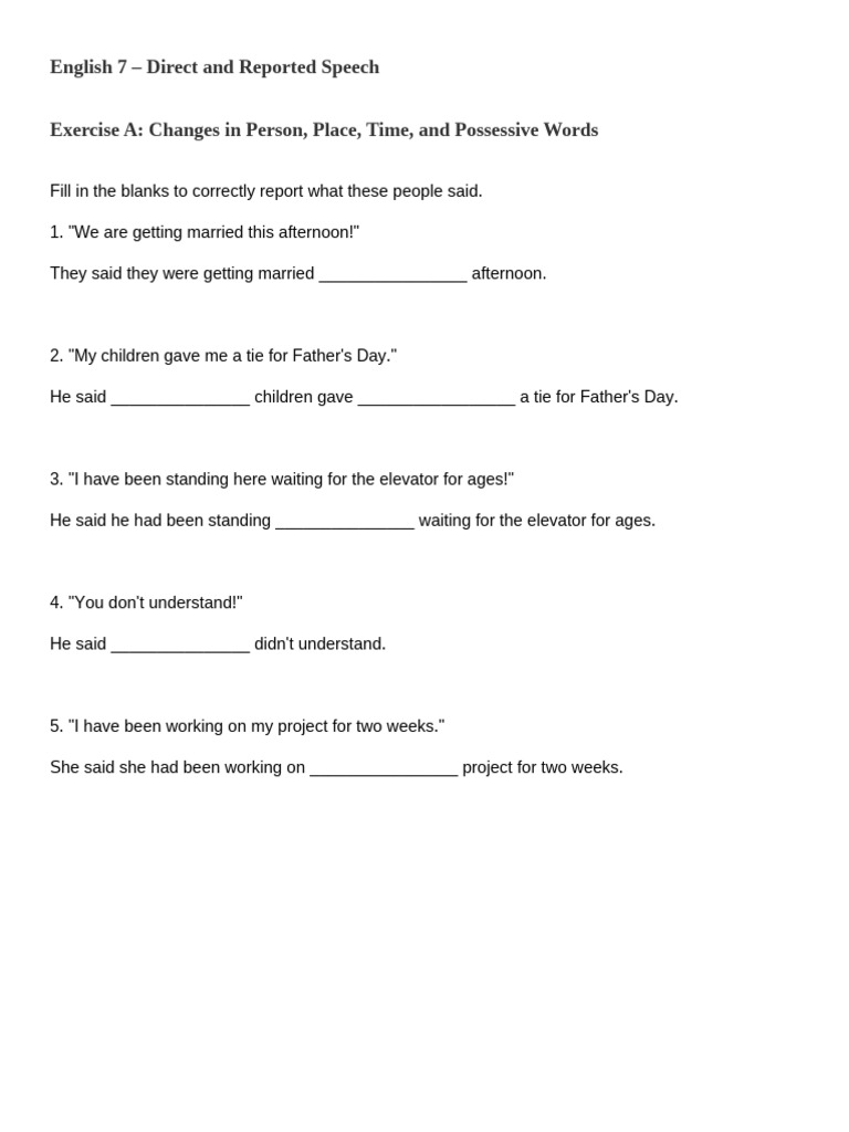 English 7 - Direct and Reported Speech Worksheet 2 | PDF | Verb ...