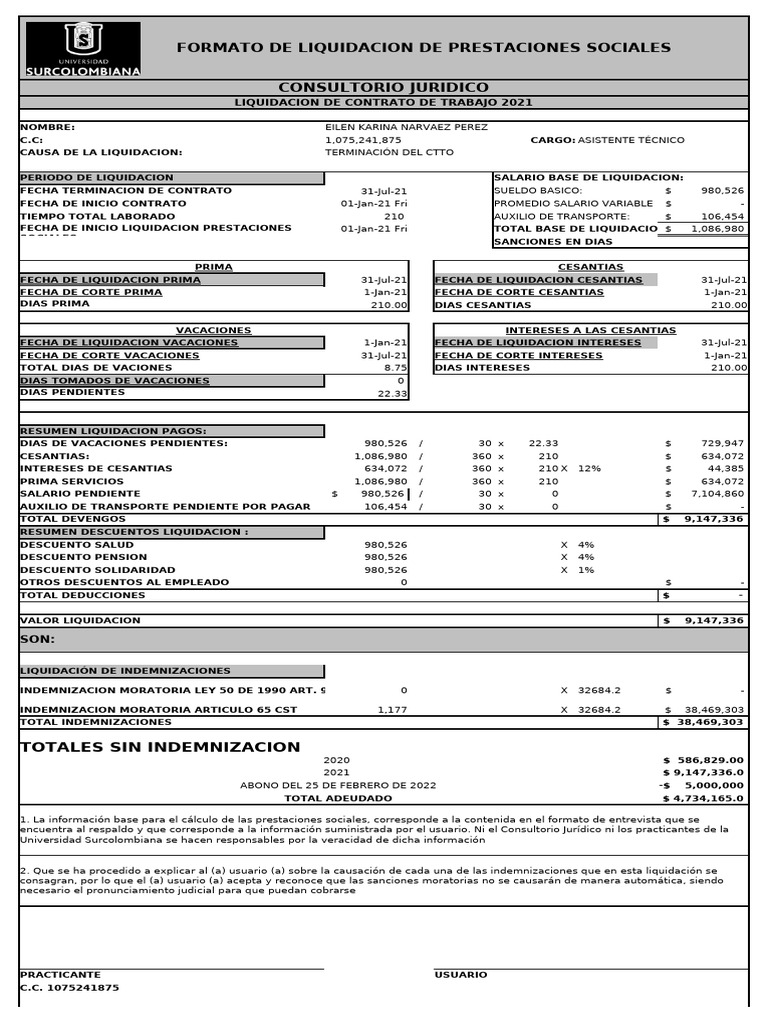 Liquidación de Prestaciones Sociales 2021 | PDF | Salario | Liquidación