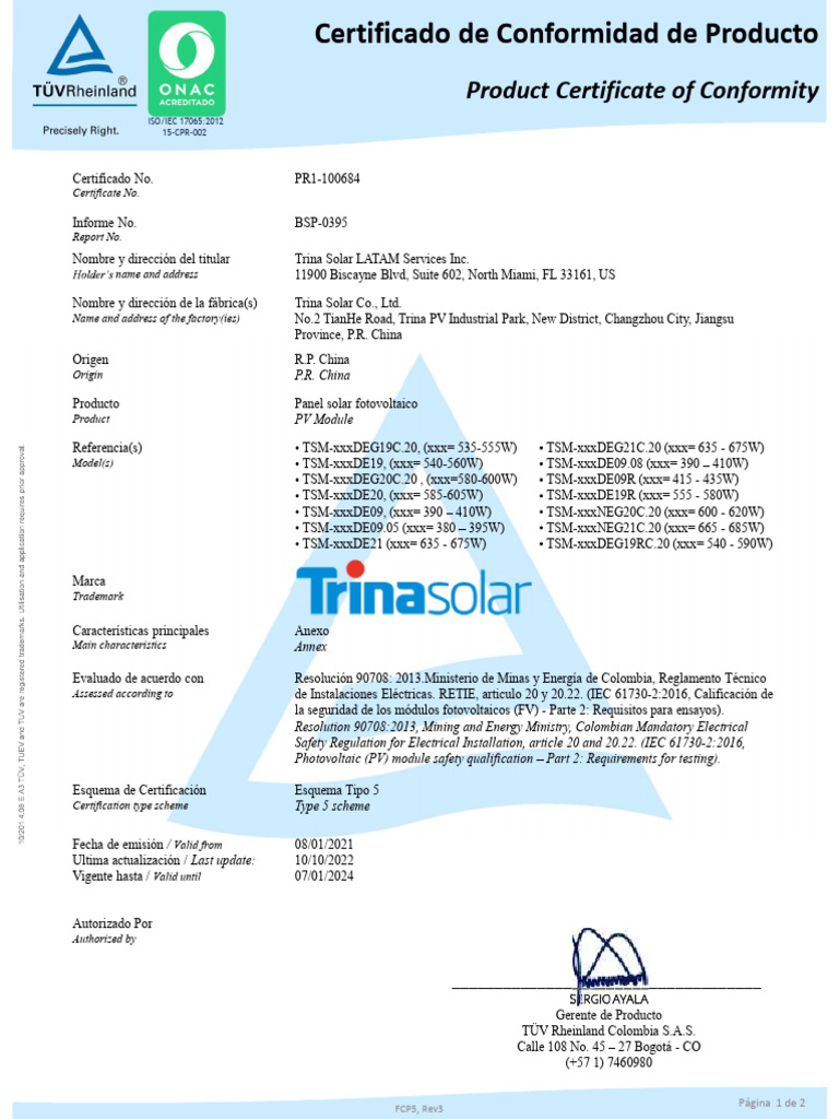 Certificado de Conformidad de Paneles Solares | PDF | Fotovoltaica | Dom