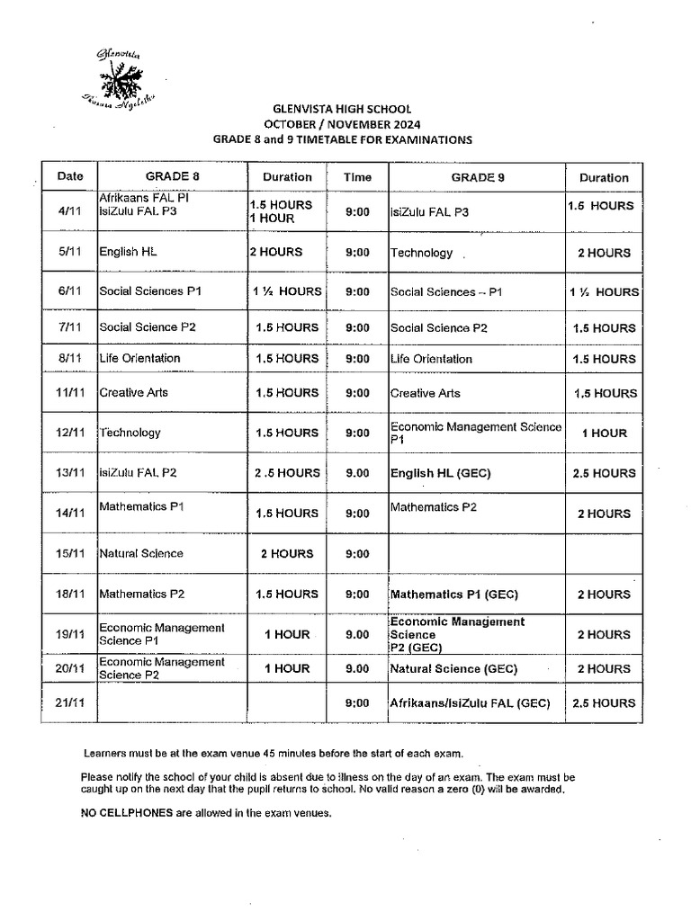 Grade 8 & 9 Final Timetable 2024 | PDF