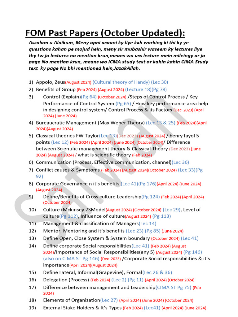 FOM Past Papers Overview and Insights | PDF | Leadership | Goal