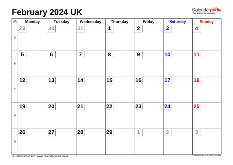 Calendar February 2024 Landscape Small Numerals | PDF