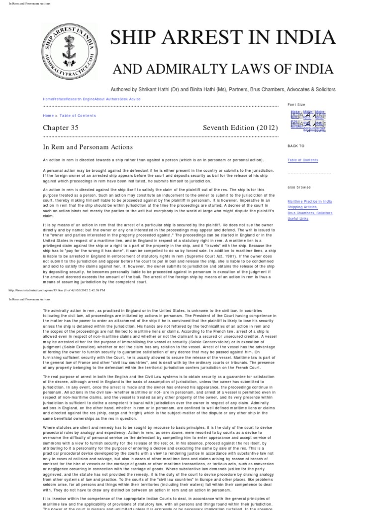 In Rem and Personam Actions In Rem Jurisdiction Jurisdiction