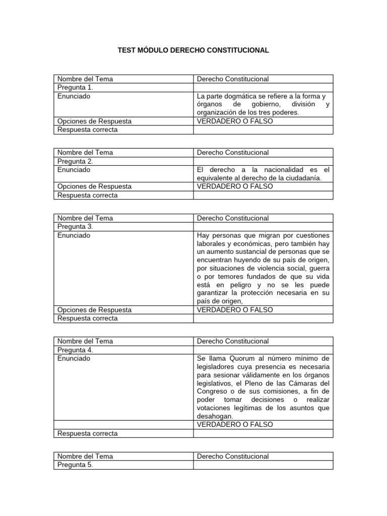 Test de Derecho Constitucional | PDF | Constitución | Ley constitucional