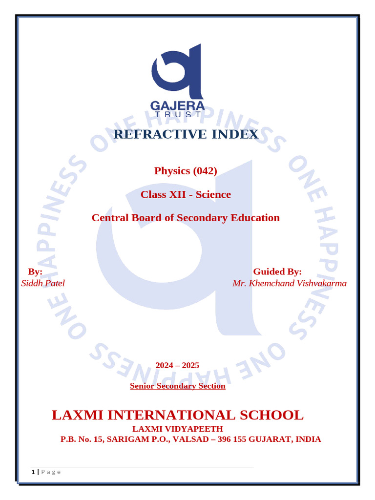 Physics Investigatory Project Siddh | PDF | Refractive Index ...