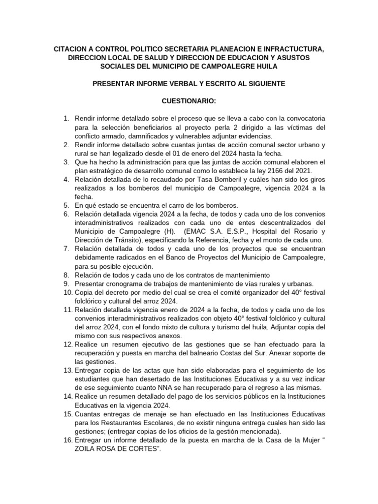 Informe de Control Político en Campoalegre | PDF