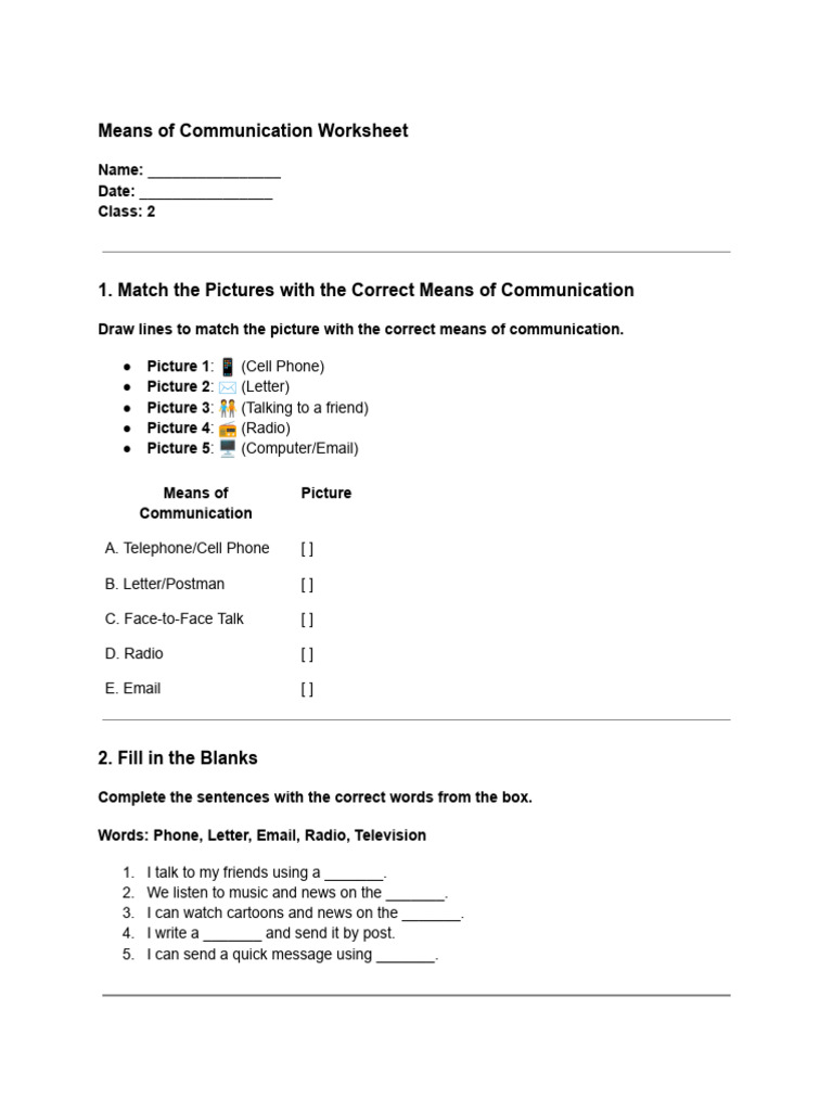 Class 2 Means of Communication Worksheet | PDF