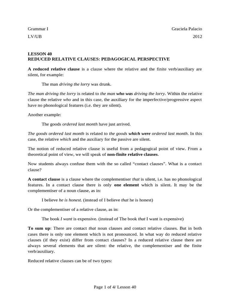 Reduced Relative Clauses Explained | PDF | Clause | Verb