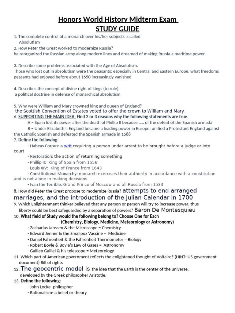 Honors World History Midterm Exam STUDY GUIDE 2020 | PDF | Absolute ...
