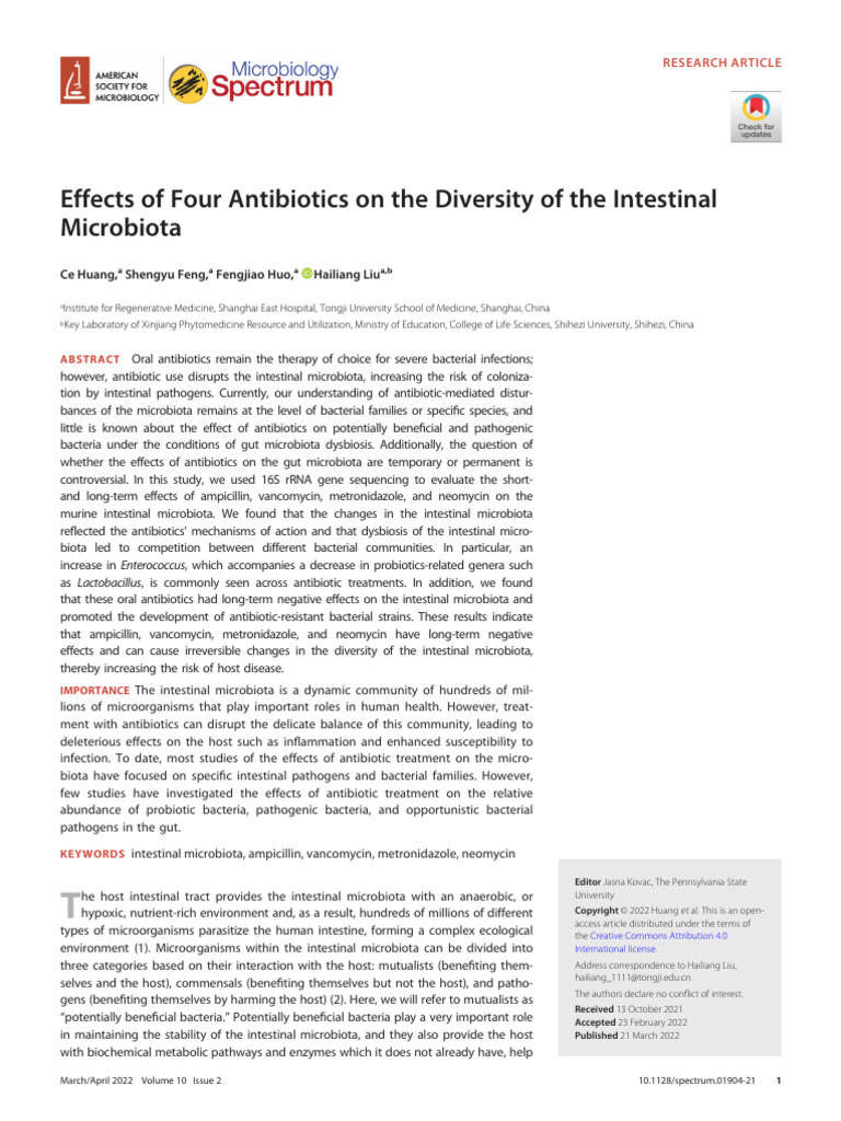Huang Et Al 2022 Effects of Four Antibiotics On The Diversity of The ...