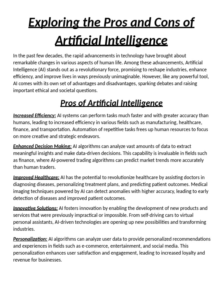 Pros and Cons of Artificial Intelligence | PDF | Artificial ...