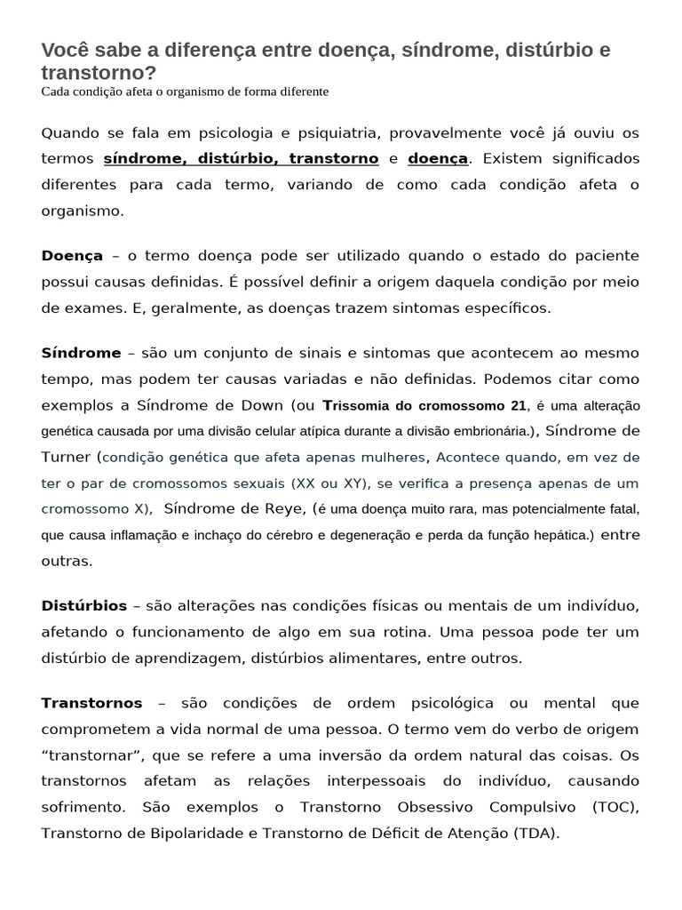 Diferenças entre Doença, Síndrome e Transtorno | PDF | Estilo de vida