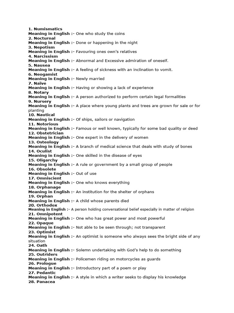 Vocabulary Definitions List | PDF