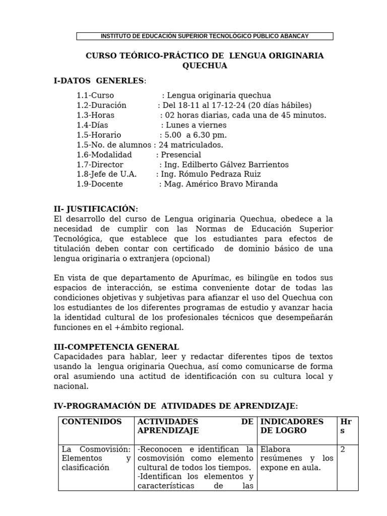 Curso Teórico Práctico de La Lengua Originaria Quechua | PDF | Lengua ...