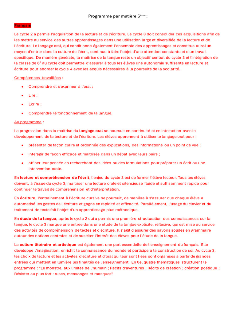 Programme scolaire de 6ème par matière | PDF | Mathématiques | Enseignement