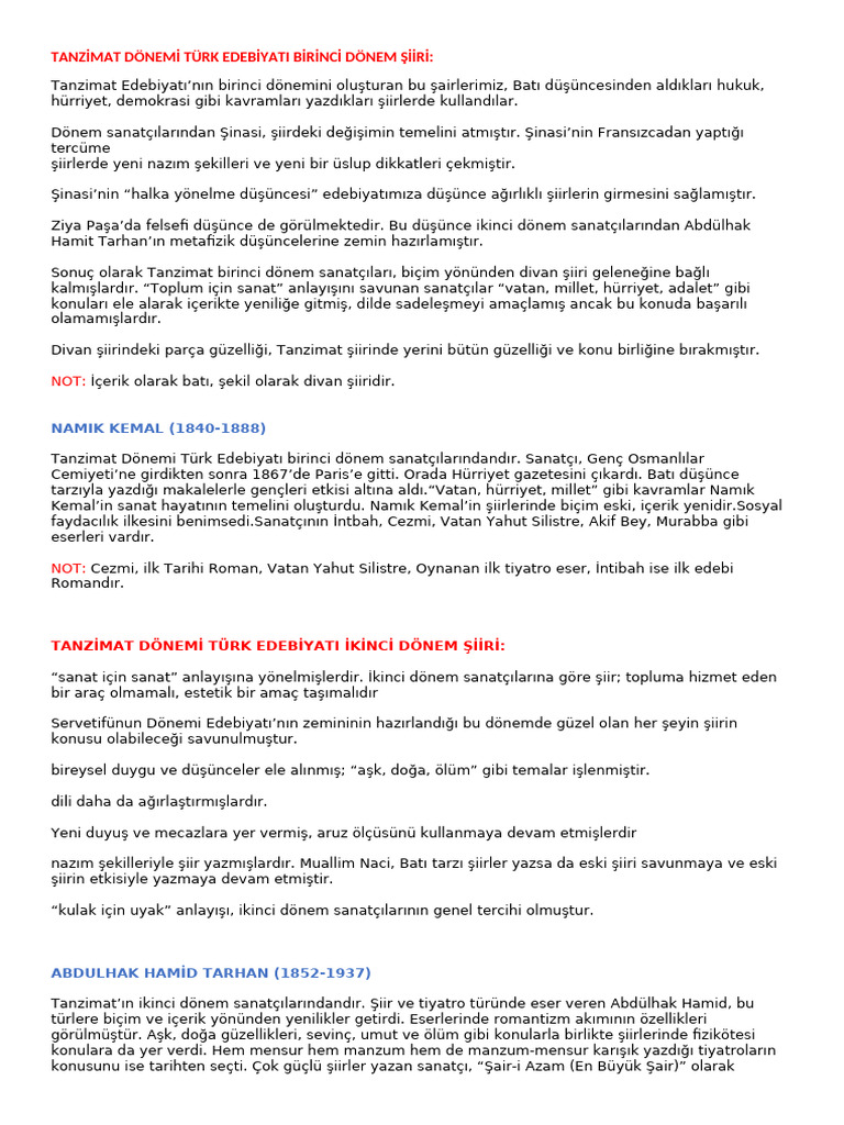 Tanzi̇mat Dönemi̇ Türk Edebi̇yati Bi̇ri̇nci̇ Dönem Şi̇i̇ri̇ | PDF