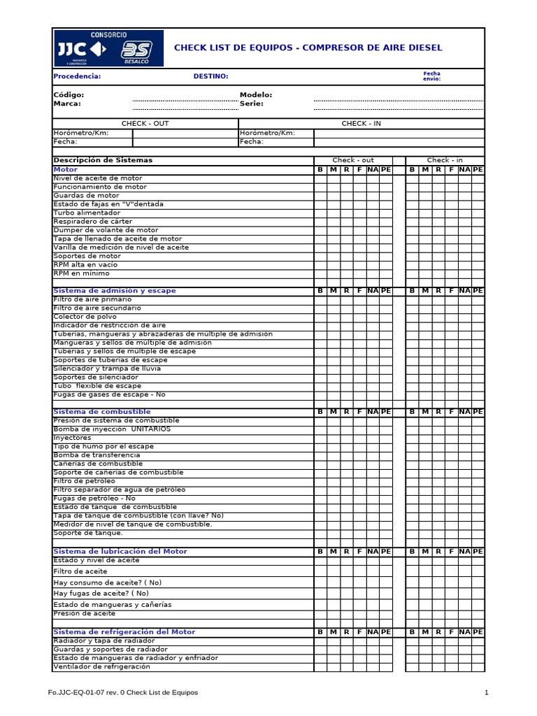 Check List Compresor de Aire Diesel | PDF | Inyección de combustible ...