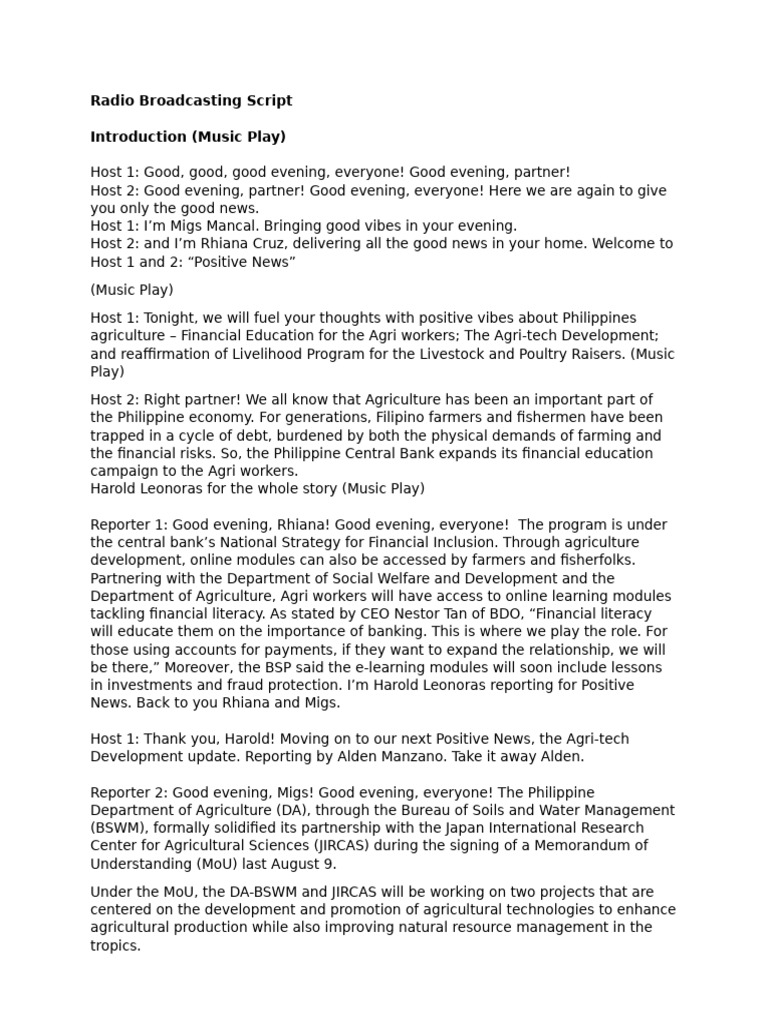 Radio Broadcasting Script | PDF | Agriculture | Unemployment Benefits
