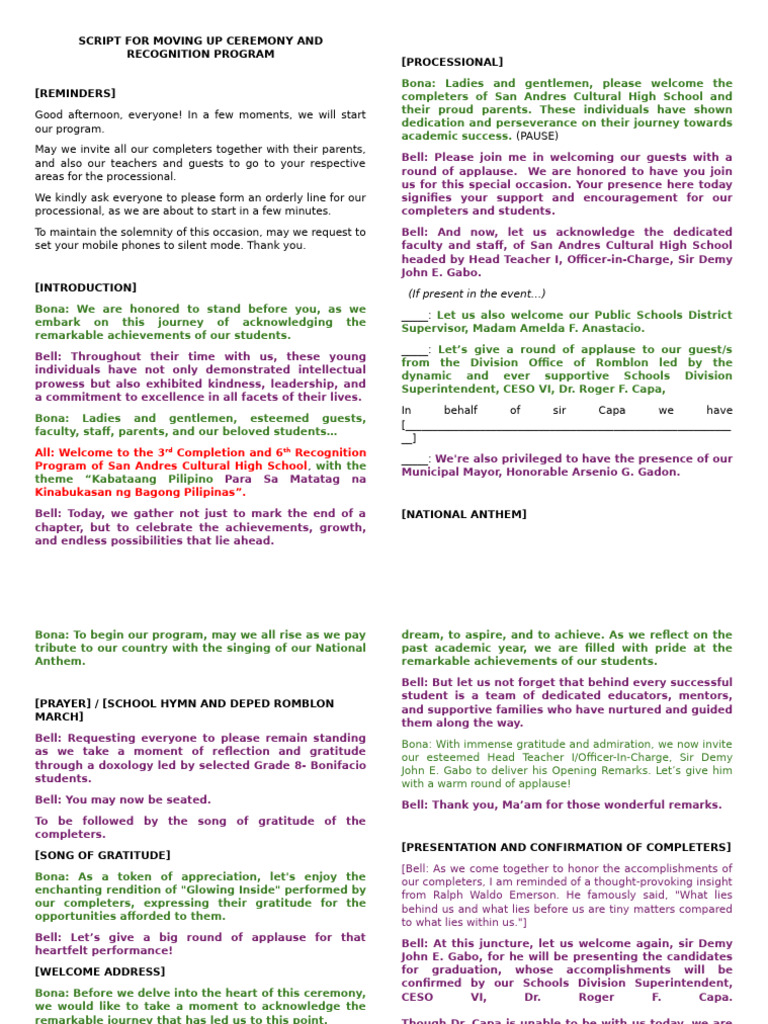 Script For Moving Up Ceremony and Recognition Program | PDF