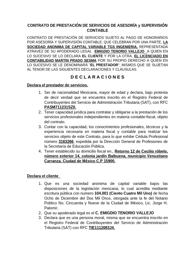 CONTRATO DE PRESTACIÓN DE SERVICIOS DE ASESORÍA y SUPERVISIÓN CONTABLE ...