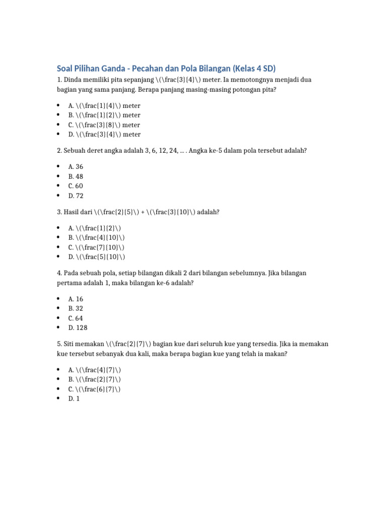 Soal Pecahan Dan Pola Bilangan Kelas 4 SD | PDF | Komputer | Teknologi ...