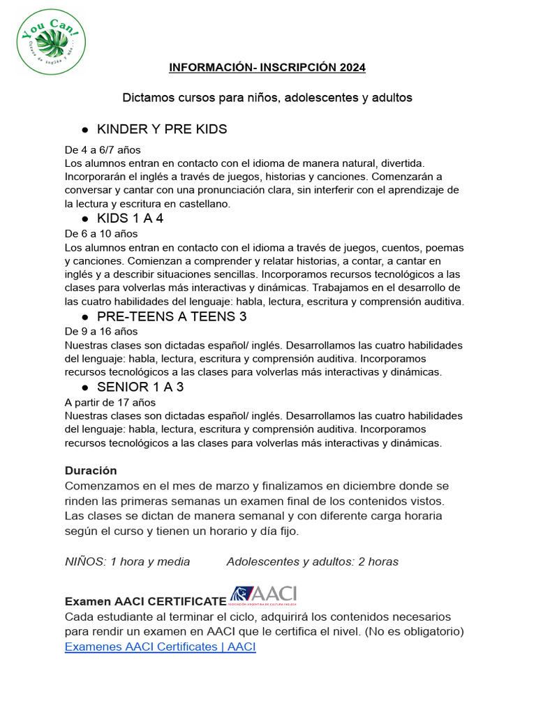Cursos de Inglés 2024 para Todas las Edades | PDF | Aprendizaje | Cognición