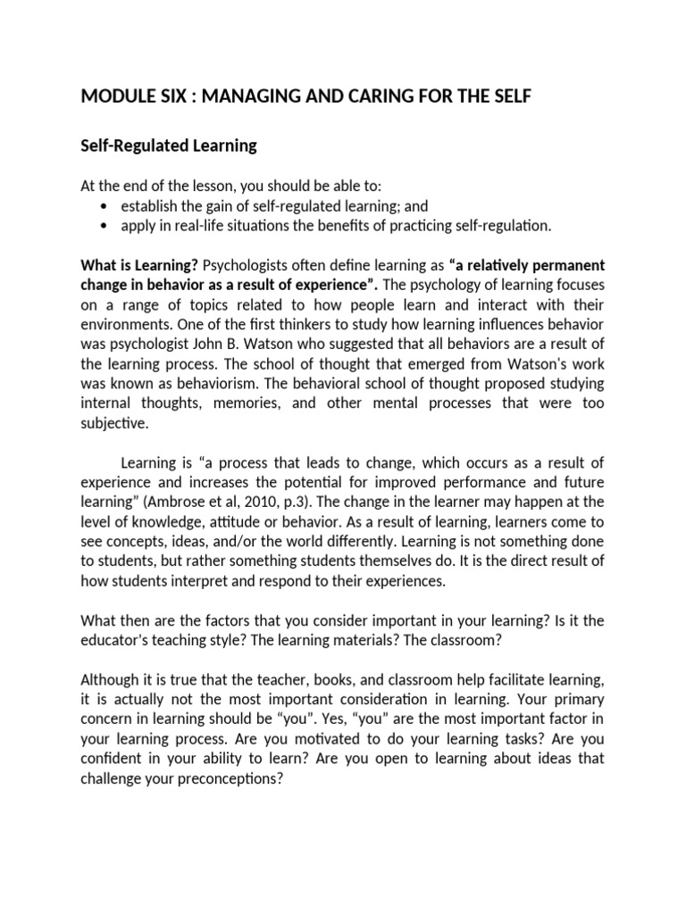 Self-Regulated Learning Strategies | PDF | Self Efficacy | Goal