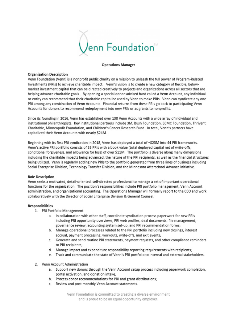 Operations Manager Job at Venn Foundation | PDF | Business | Economies