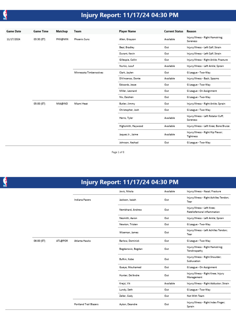 NBA Injury Report for November 17, 2024 | PDF | Knee | Ankle