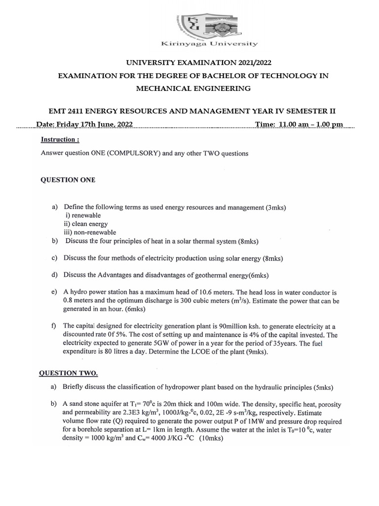 Emt 2411 Energy Resources and Management Year IV Semester II | PDF
