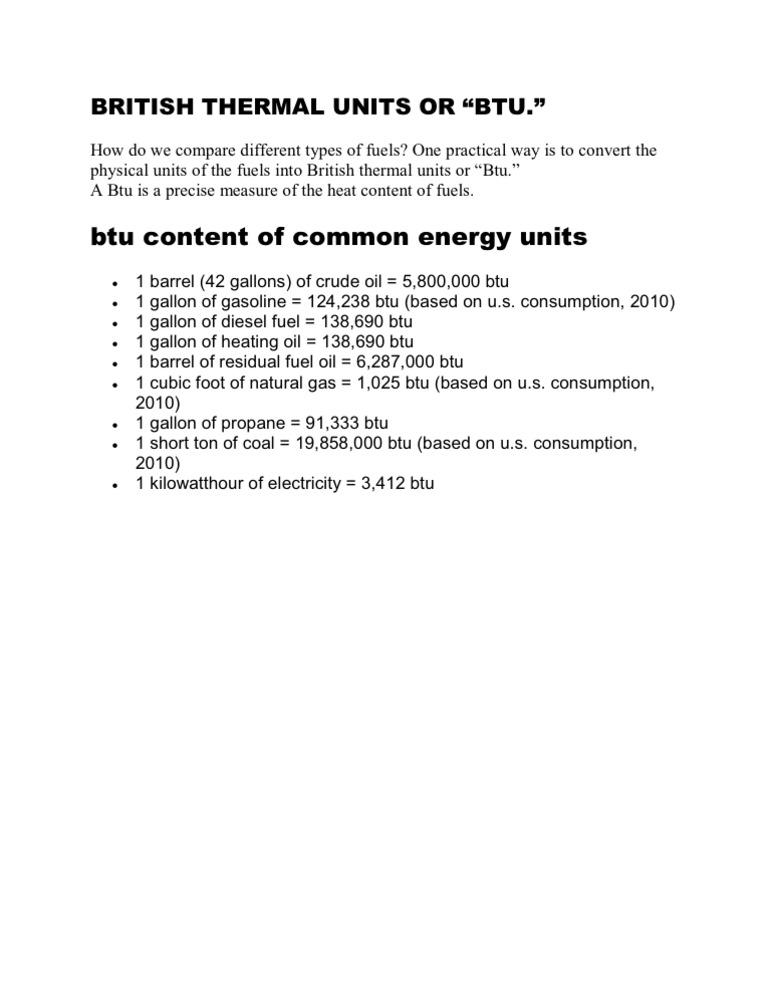 Btu Content of Common Energy Units | PDF