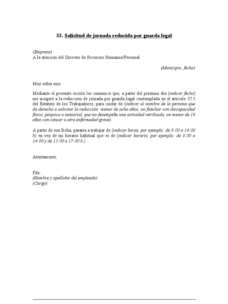 Modelo Solicitud Reduccion Jornada Por Guarda Legal Pdf