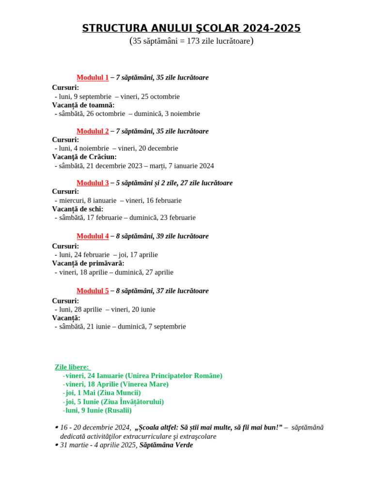 STRUCTURA Anului Scolar | PDF