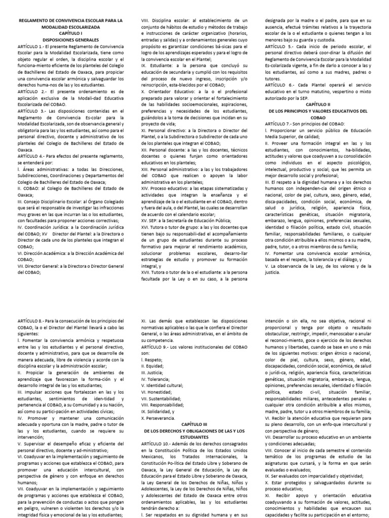 Reglamento de Convivencia Escolar COBAO | PDF | Maestros | Laboratorios