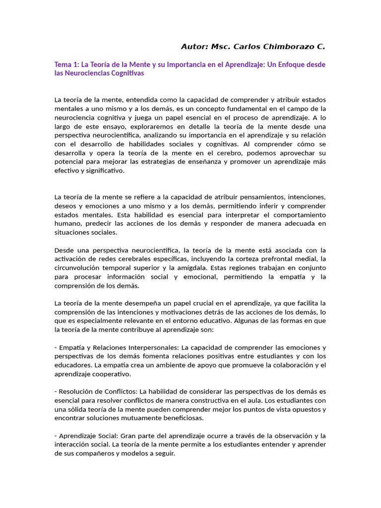 Teoría de la Mente y Aprendizaje Efectivo | PDF | Teoria de la mente ...