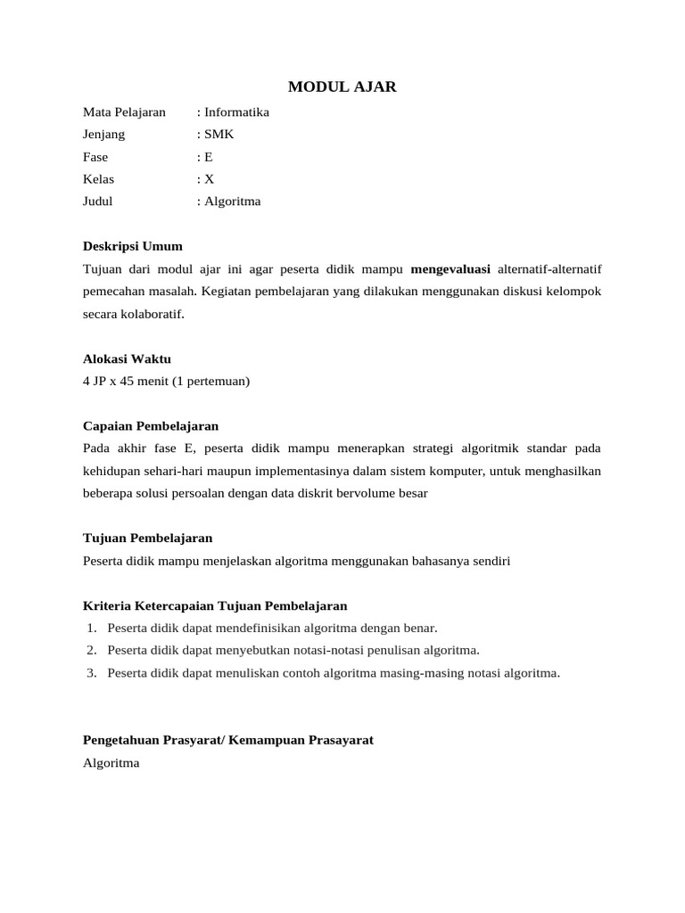 Modul Ajar Algoritma SMK Kelas X | PDF | Seni | Komputer