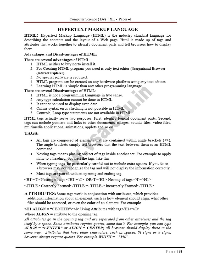 Hypertext Markup Language: Computer Science (D9) : XII - Paper - I ...