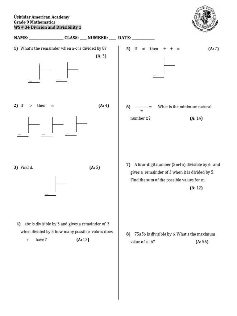 WS 34 Division and Divisibility 1 | PDF | Arithmetic | Division ...
