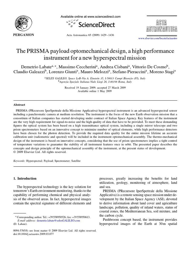PRISMA Hyperspectral Instrument Design | PDF | Infrared | Signal To ...