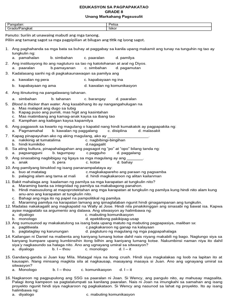 ESP Grade 8 Periodical Exam | PDF
