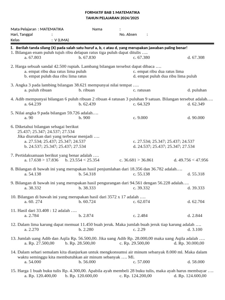 Soal Matematika Kelas 5 Bab 1 | PDF