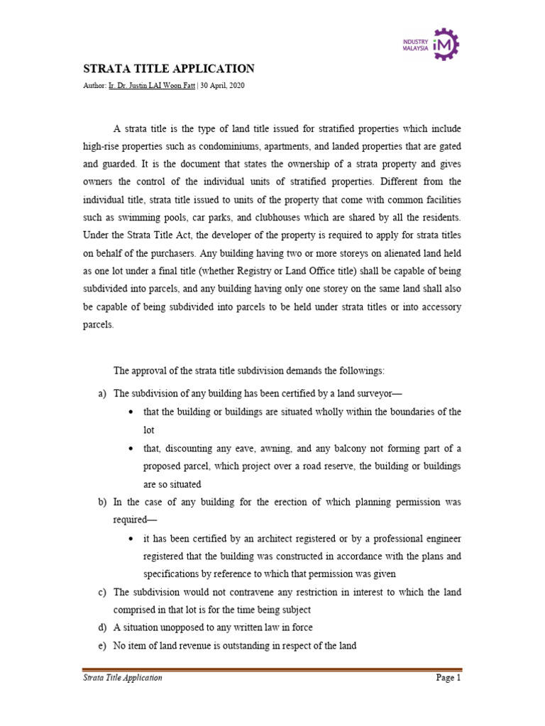 Strata Title Application | PDF | Land Lot | Real Property Law
