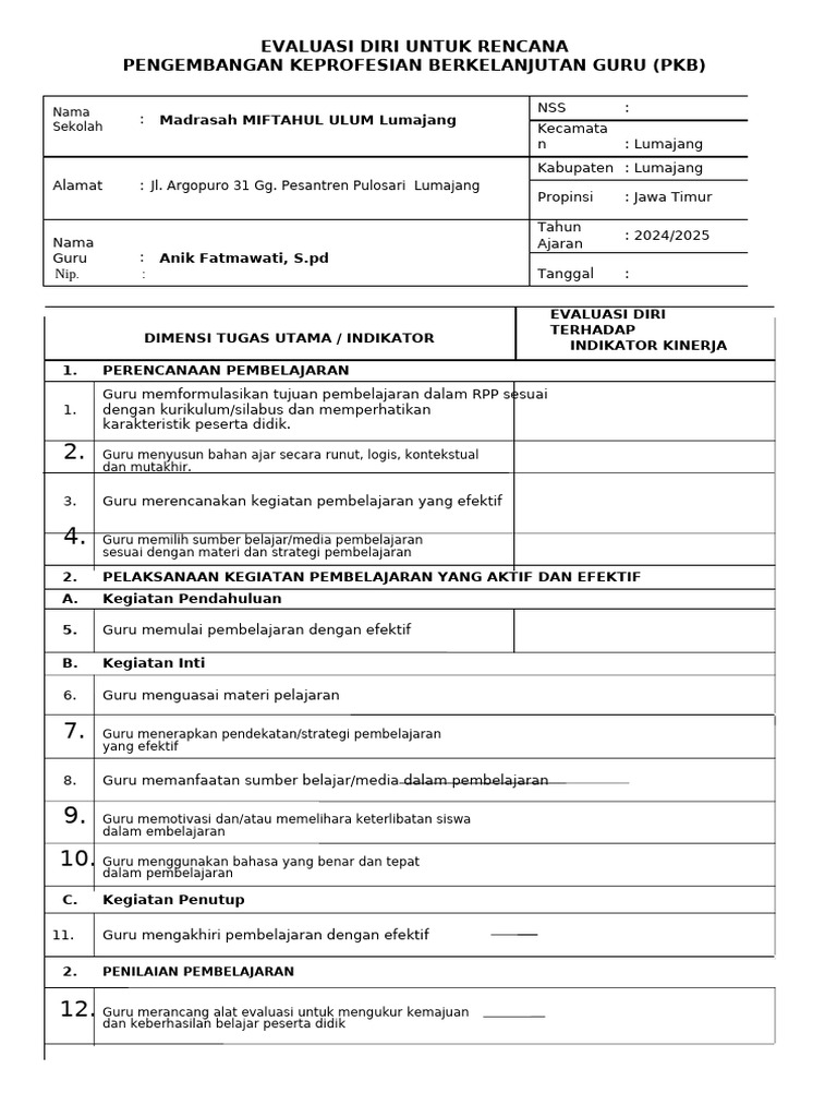 Evaluasi Diri Pengembangan Guru 2024 | PDF